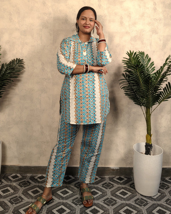 Teal & White Geometric Printed Cotton Co-ord Set