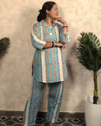 Teal & White Geometric Printed Cotton Co-ord Set