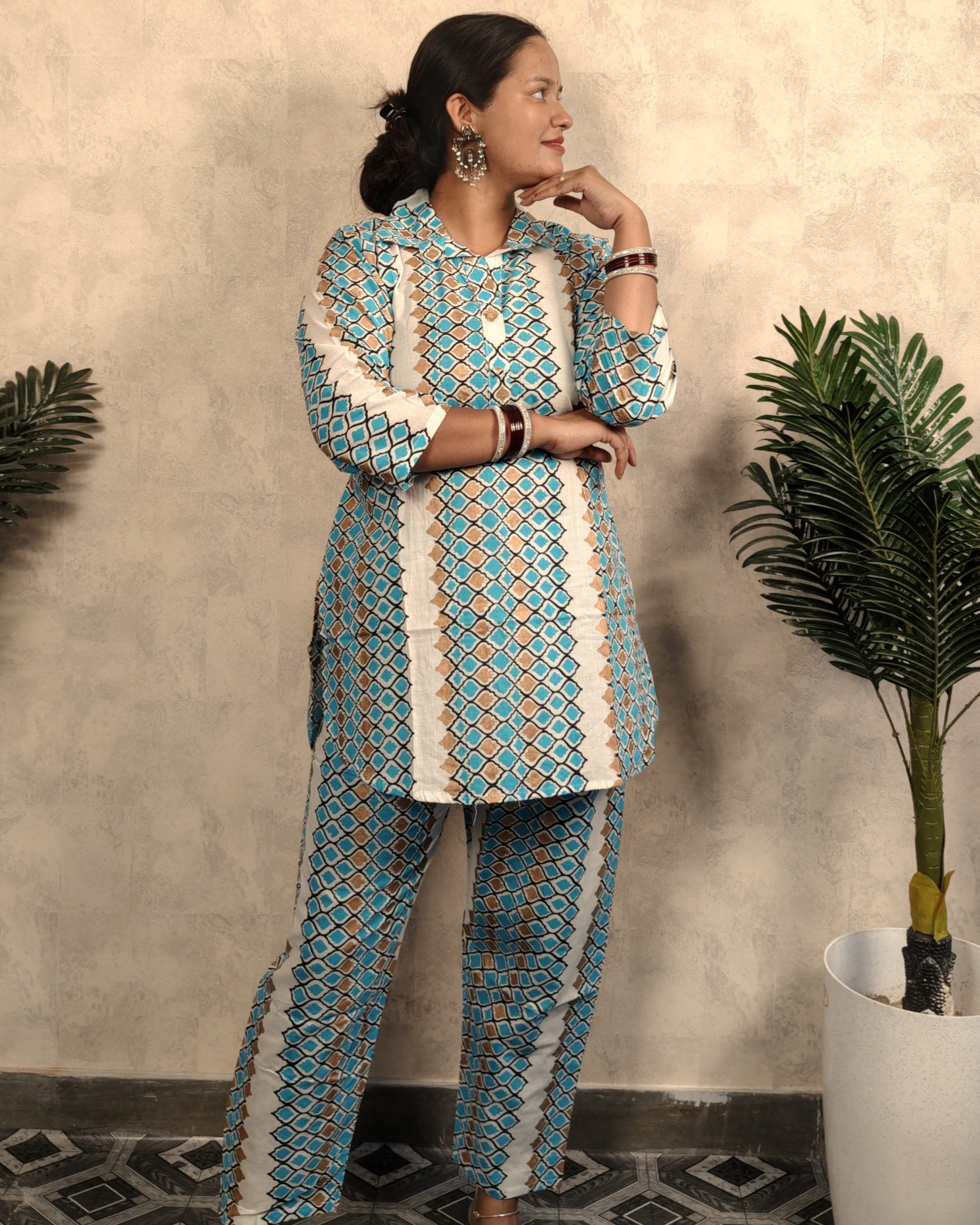 Teal & White Geometric Printed Cotton Co-ord Set