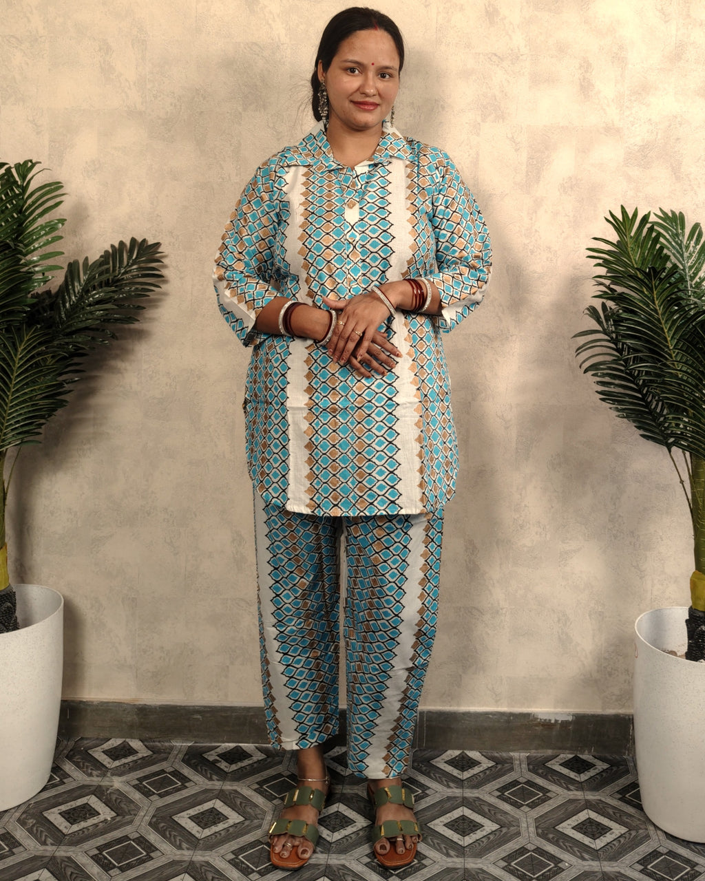 Teal & White Geometric Printed Cotton Co-ord Set