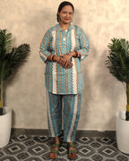 Teal & White Geometric Printed Cotton Co-ord Set