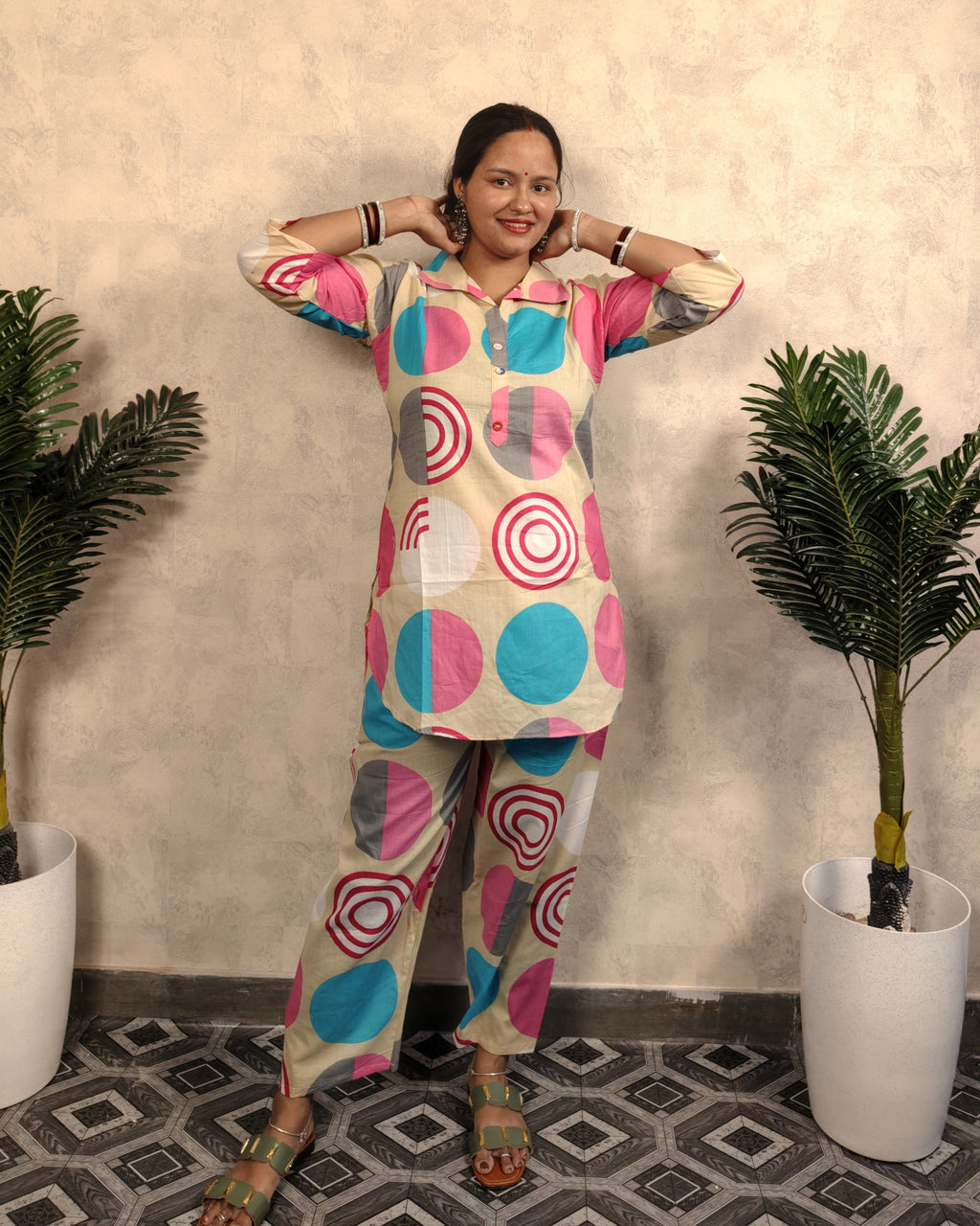 Cream & Pink Circle Print Co-ord Set
