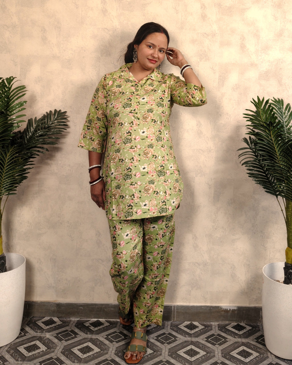 Green Floral Print Rayon Co-ord Set