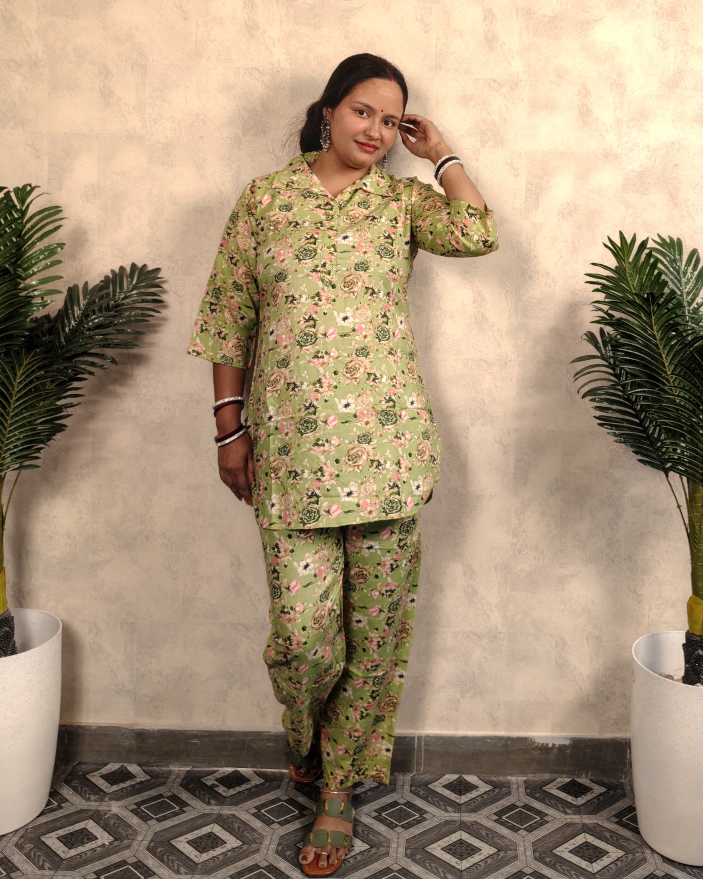 Green Floral Print Rayon Co-ord Set