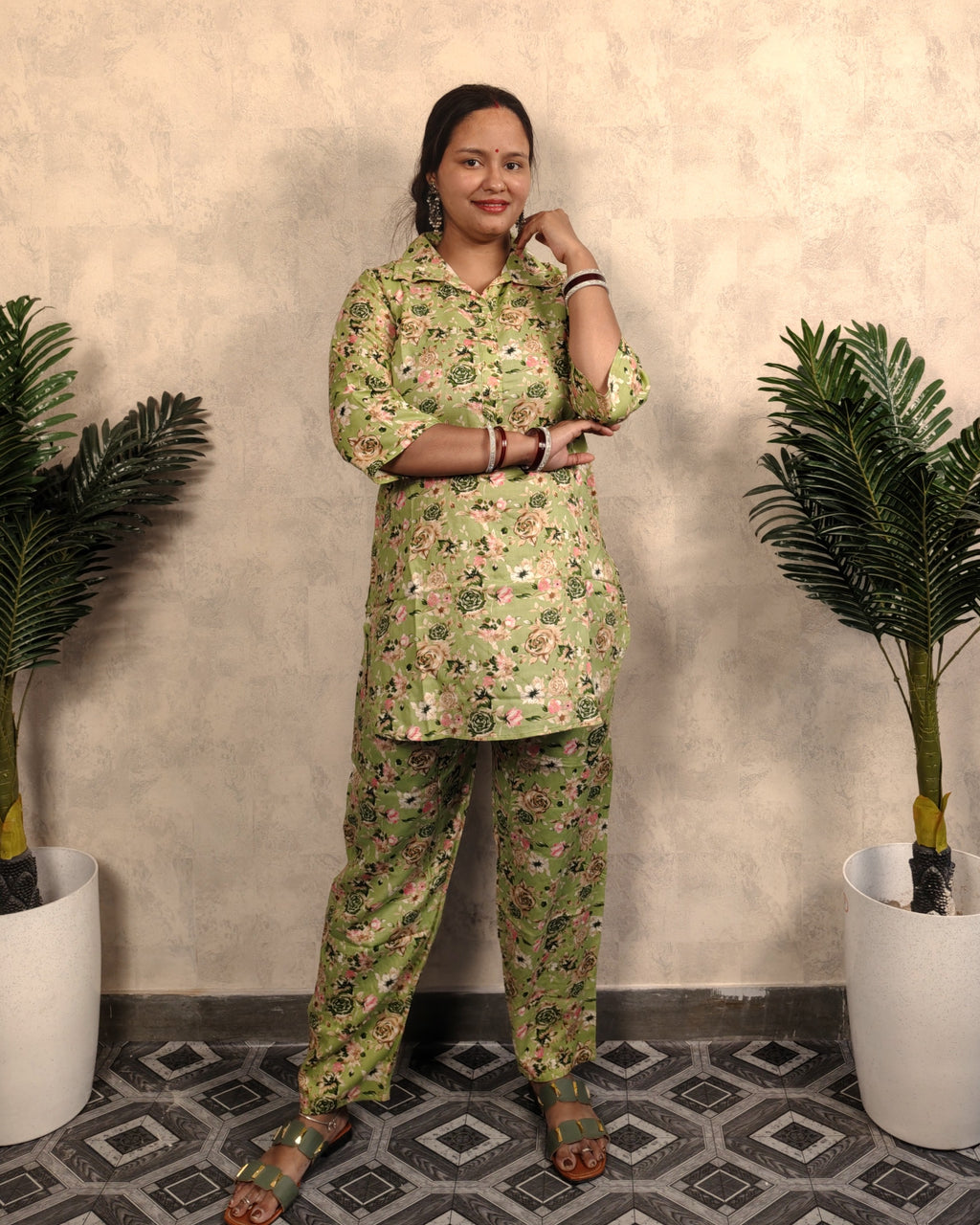 Green Floral Print Rayon Co-ord Set