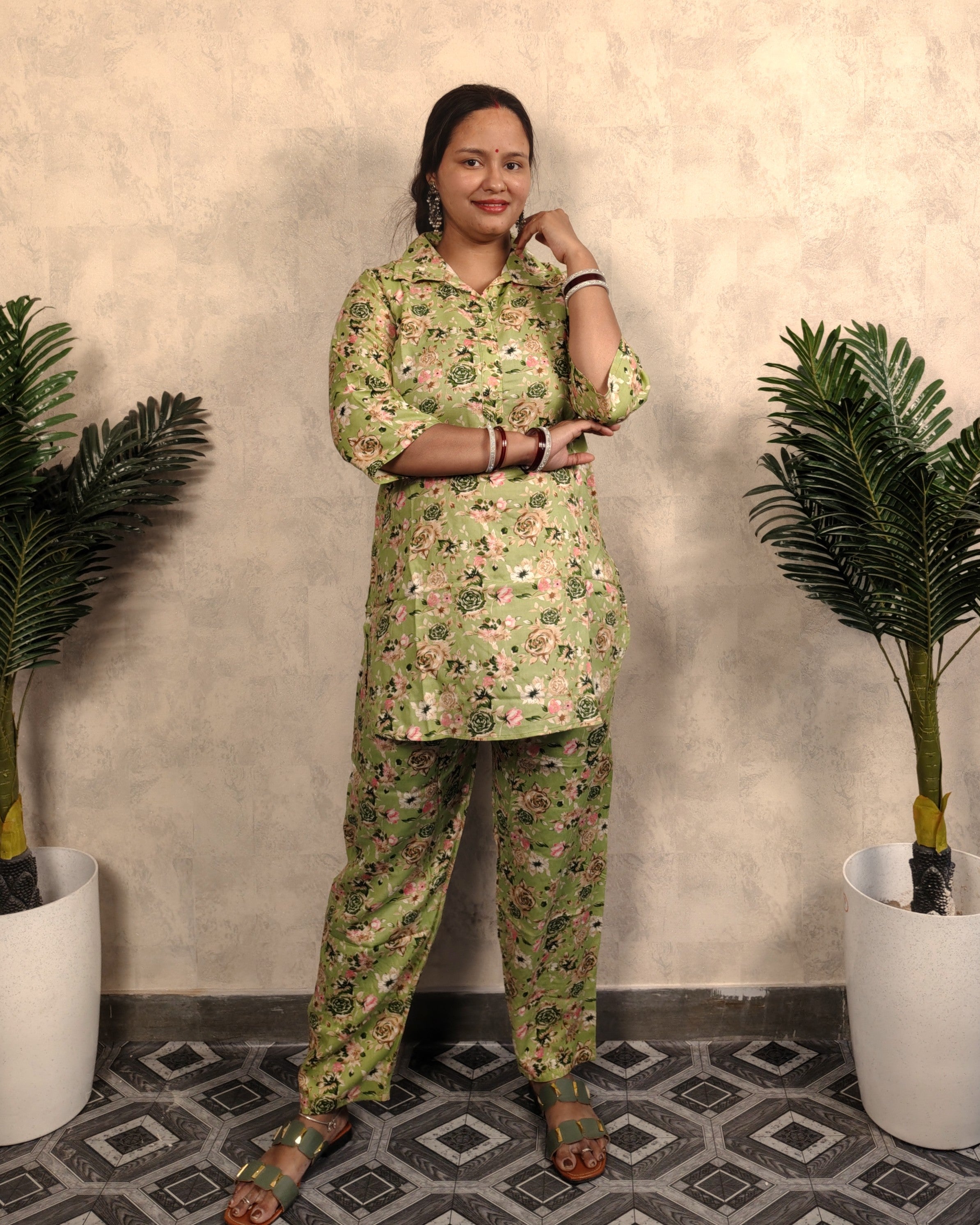 Green Floral Print Rayon Co-ord Set