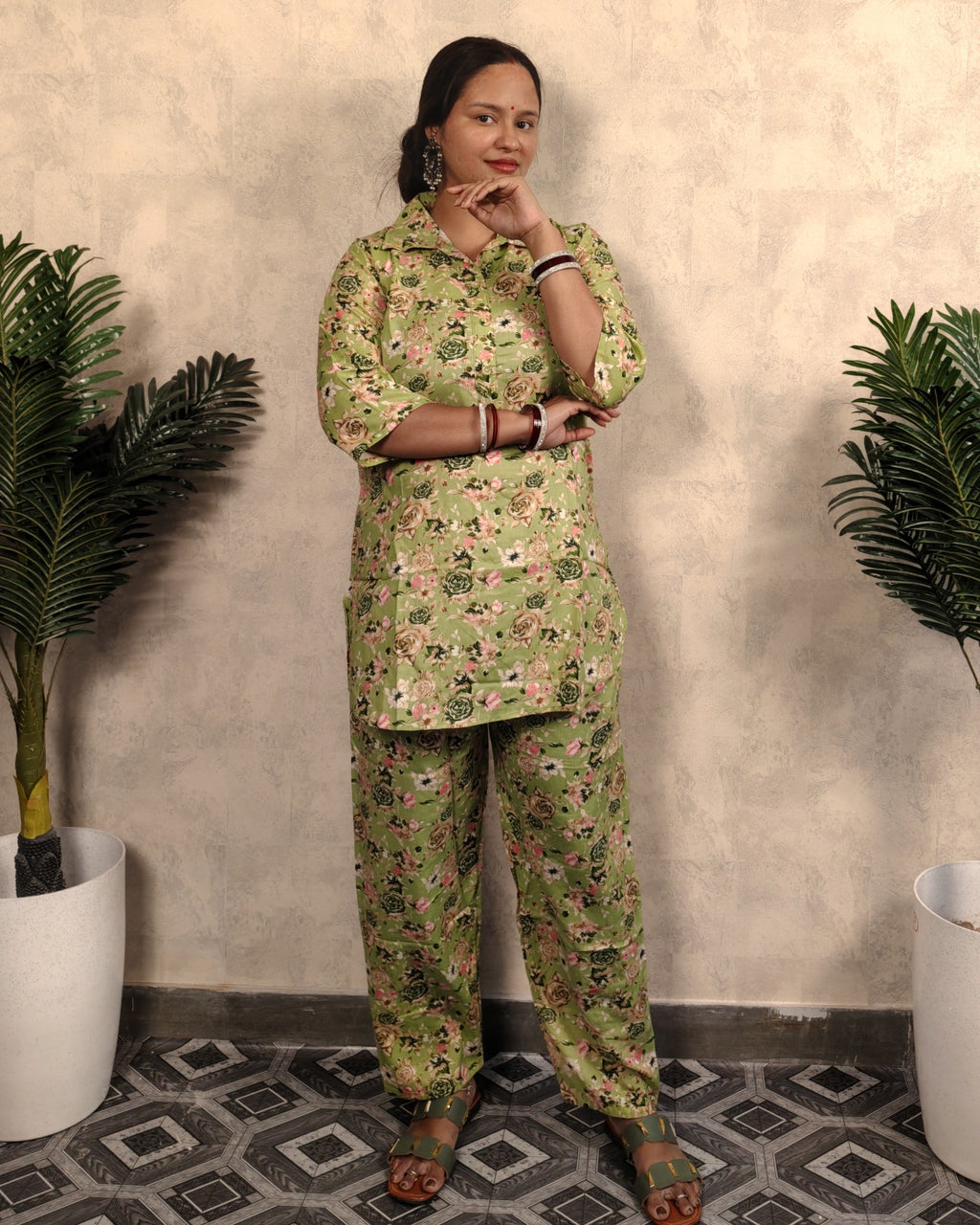 Green Floral Print Rayon Co-ord Set