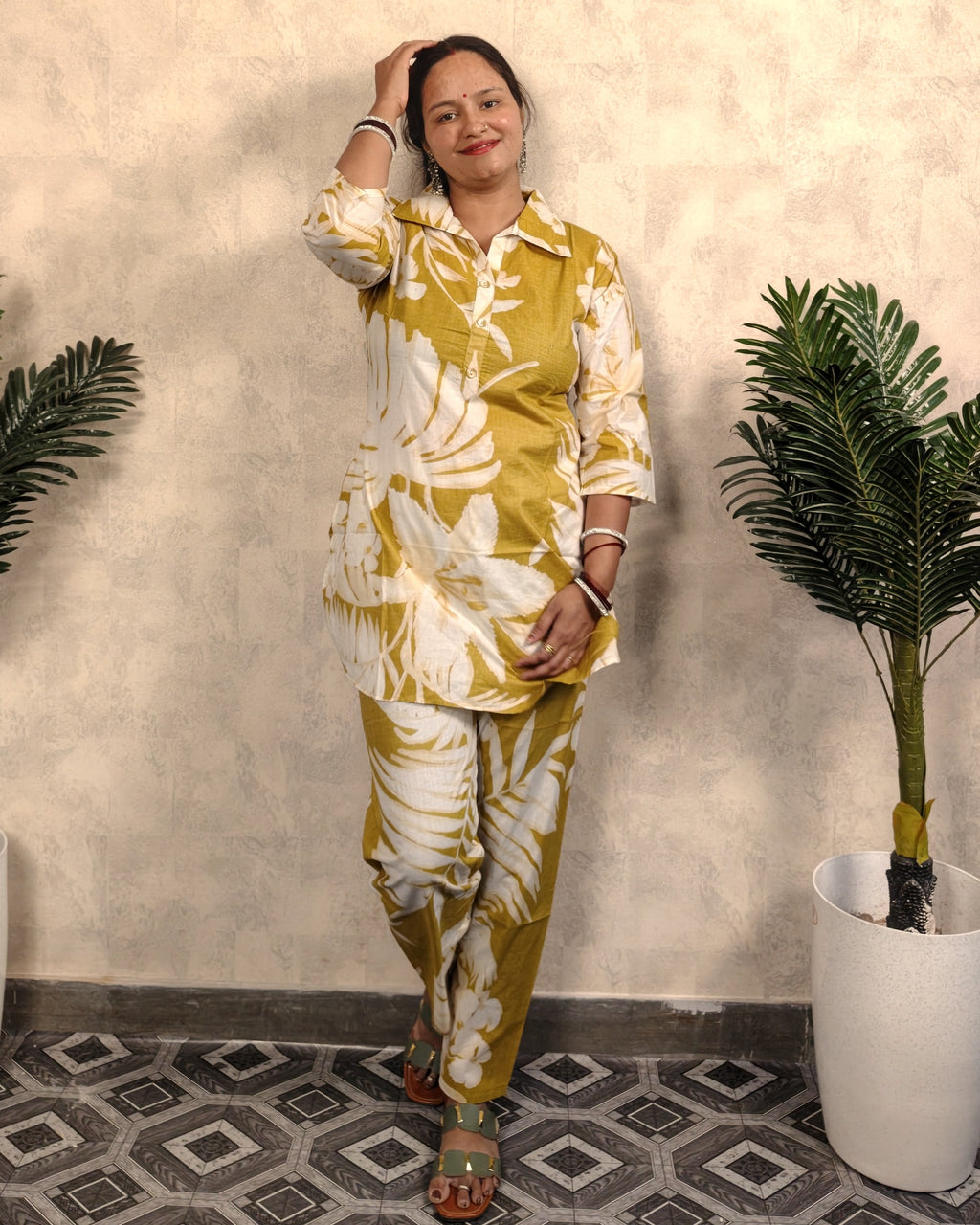 Olive & White Tropical Floral Print Cotton Co-ord Set