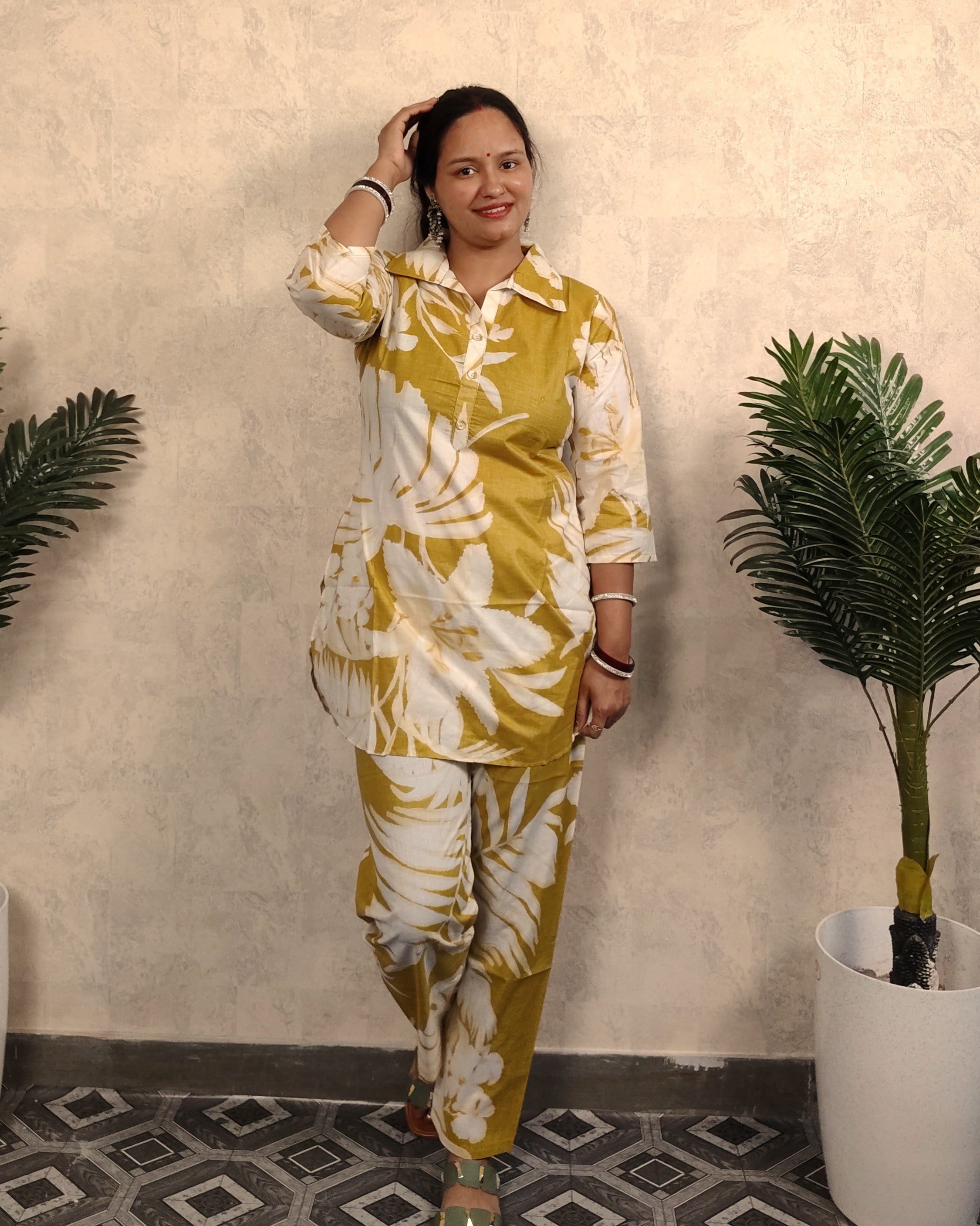 Olive & White Tropical Floral Print Cotton Co-ord Set
