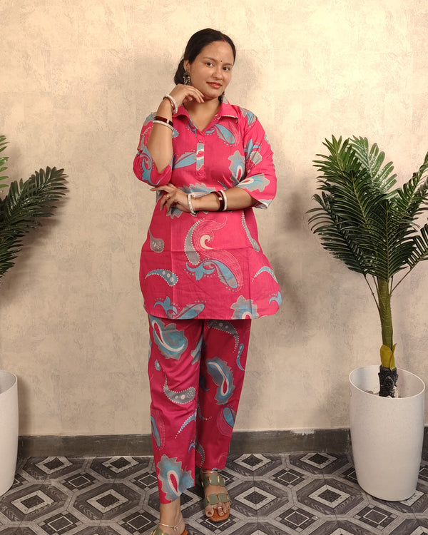 Pink & Blue Paisley Print Cotton Co-ord Set