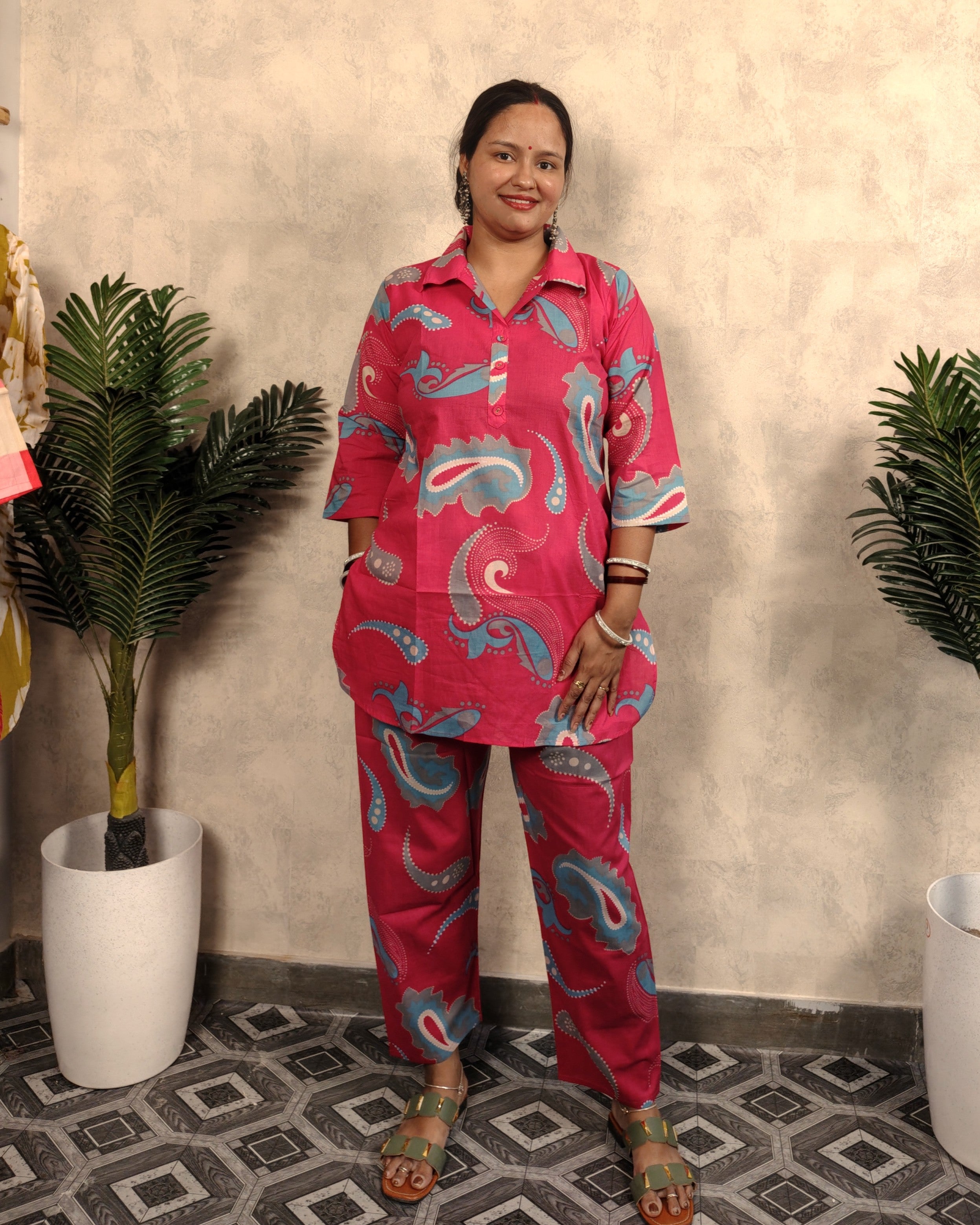 Pink & Blue Paisley Print Cotton Co-ord Set