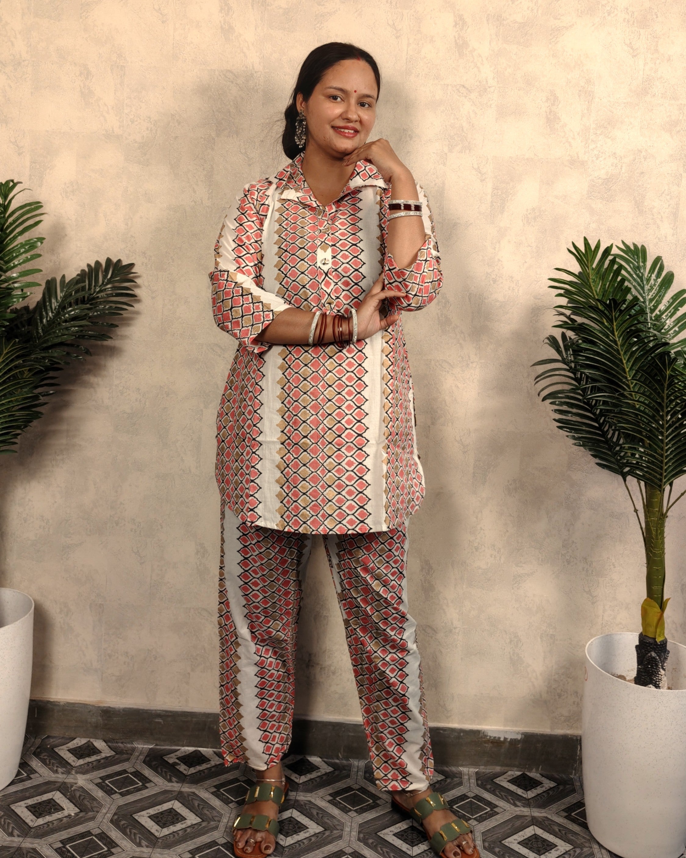 Cream & Pink Geometric Print Cotton Co-ord Set