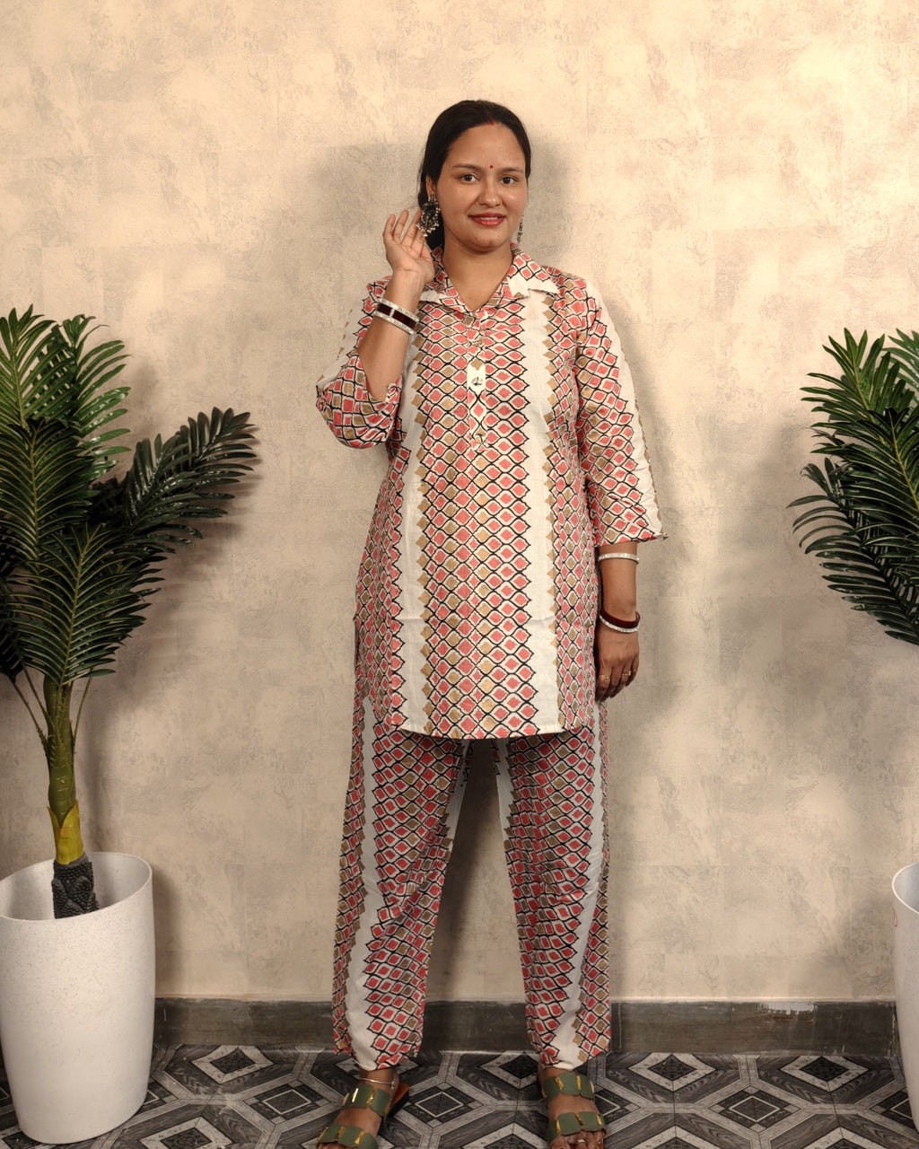 Cream & Pink Geometric Print Cotton Co-ord Set