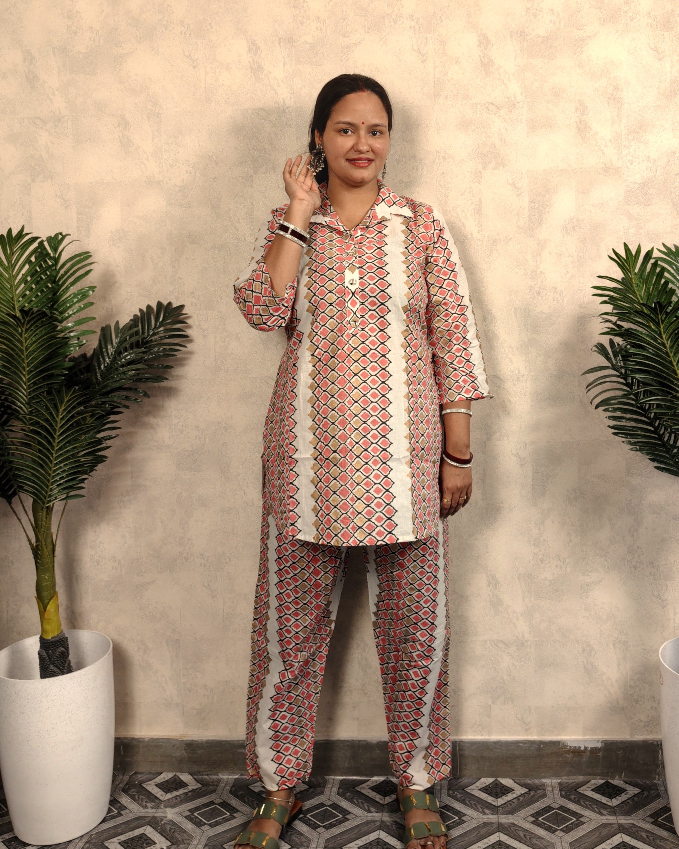 Cream & Pink Geometric Print Cotton Co-ord Set