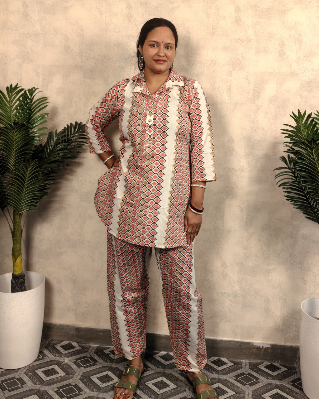 Cream & Pink Geometric Print Cotton Co-ord Set