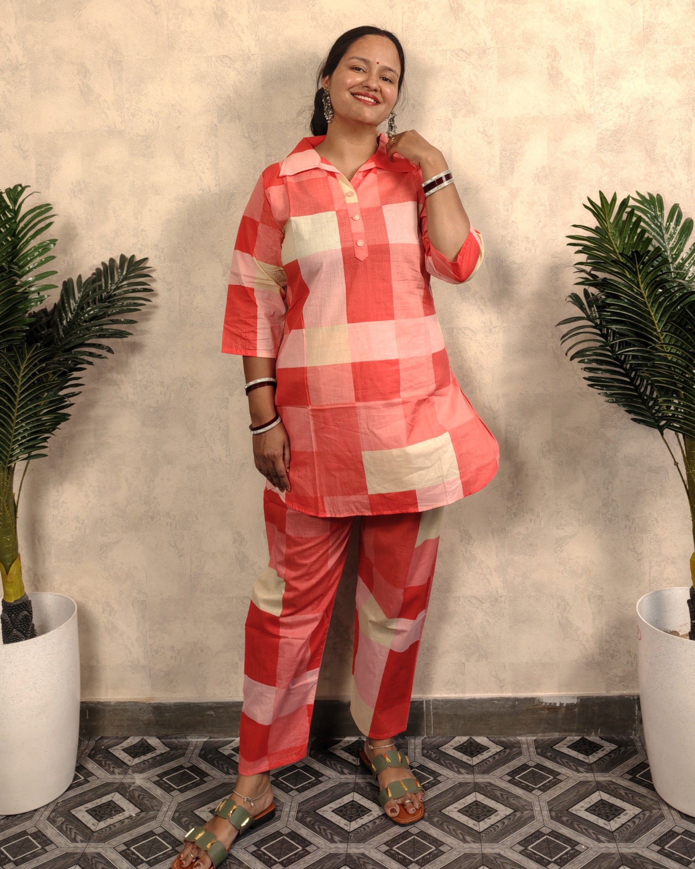 Coral Red & Cream Block Check Print Cotton Co-ord Set