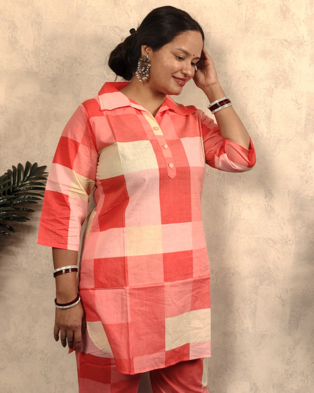 Coral Red & Cream Block Check Print Cotton Co-ord Set