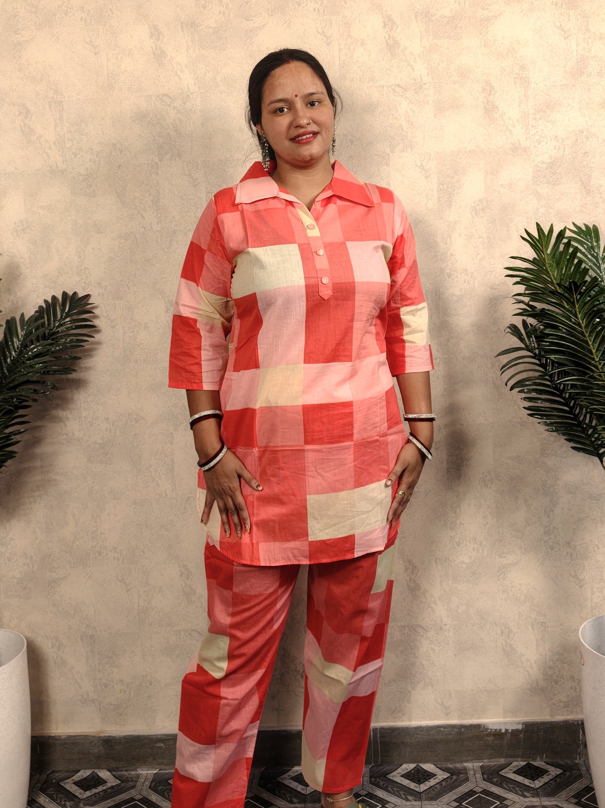Coral Red & Cream Block Check Print Cotton Co-ord Set