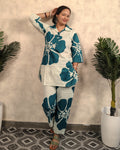 White & Teal Oversized Hibiscus Print Cotton Co-ord Set