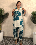 White & Teal Oversized Hibiscus Print Cotton Co-ord Set