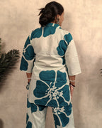White & Teal Oversized Hibiscus Print Cotton Co-ord Set