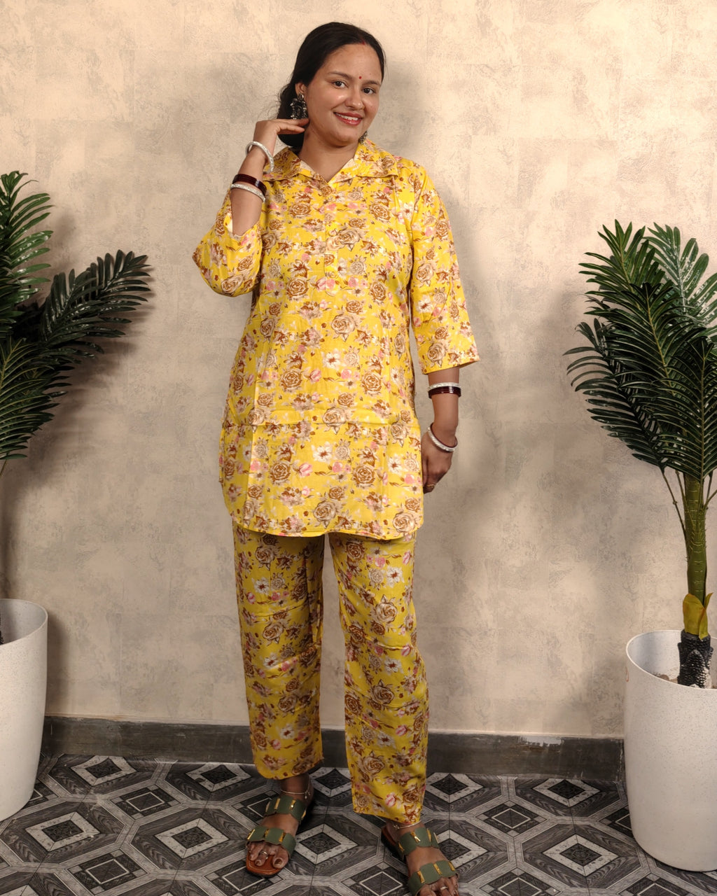 Yellow Rose Floral Print Rayon Co-ord Set