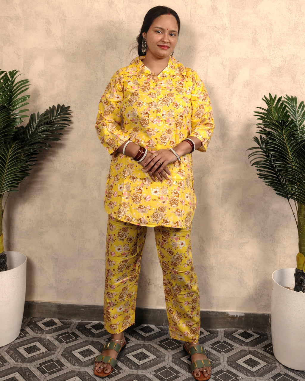 Yellow Rose Floral Print Rayon Co-ord Set