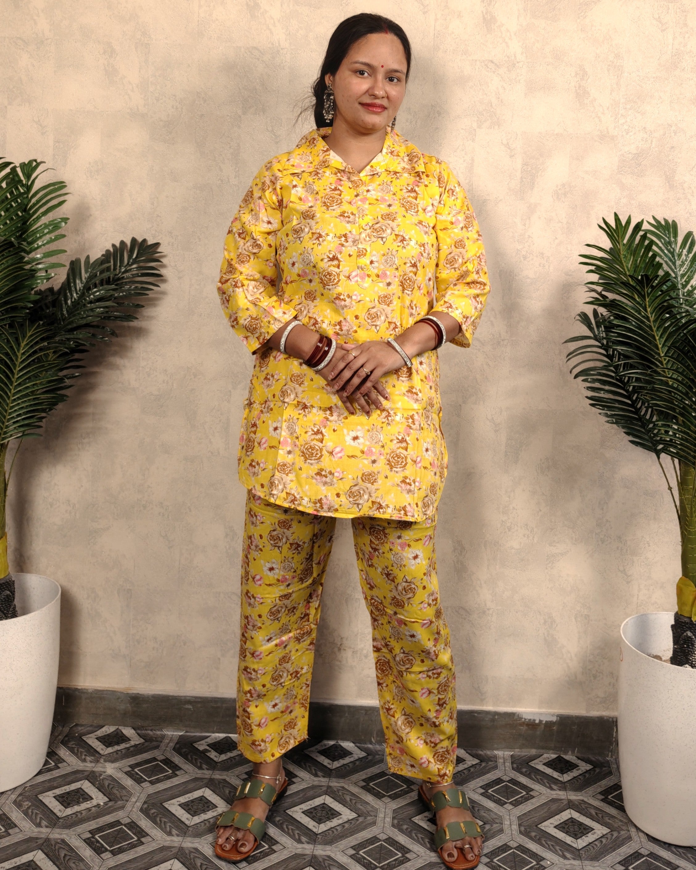 Yellow Rose Floral Print Rayon Co-ord Set
