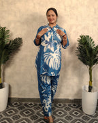 Steel Blue & White Tropical Leaf Print Cotton Co-ord Set