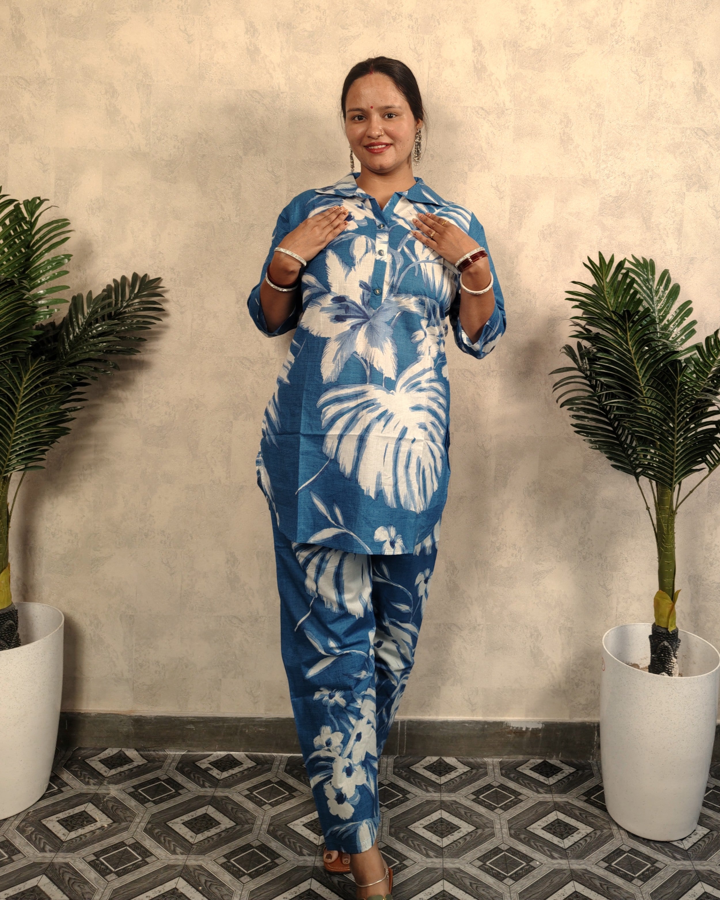Steel Blue & White Tropical Leaf Print Cotton Co-ord Set