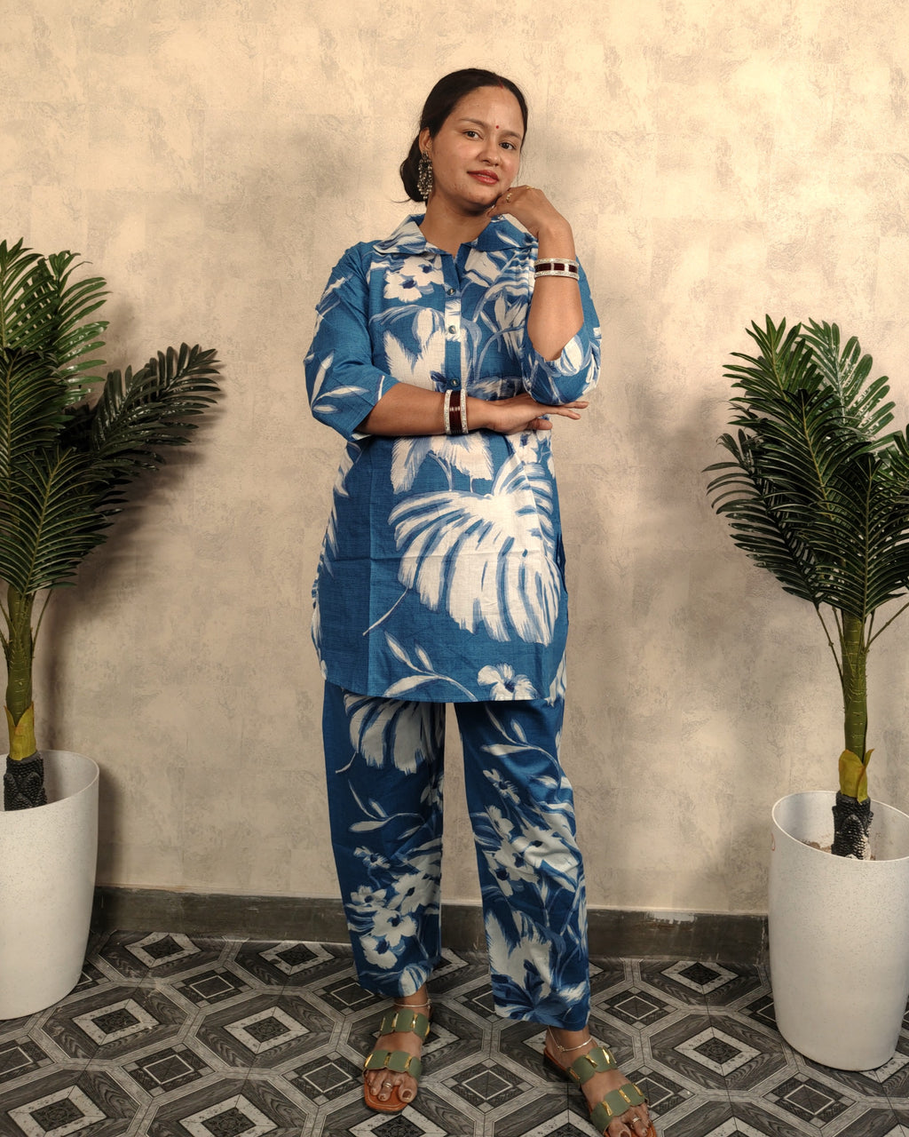 Steel Blue & White Tropical Leaf Print Cotton Co-ord Set