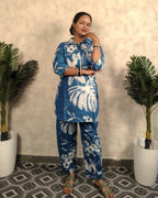 Steel Blue & White Tropical Leaf Print Cotton Co-ord Set