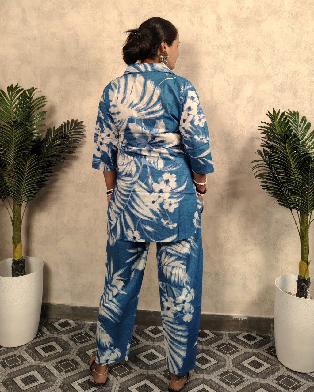 Steel Blue & White Tropical Leaf Print Cotton Co-ord Set
