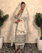 Cream Threadwork Embroidered Cotton Kurta Pant Dupatta Set