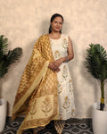 Cream & Mustard Block Print Embroidered Cotton Kurta Pant Dupatta Set