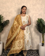 Cream & Mustard Block Print Embroidered Cotton Kurta Pant Dupatta Set