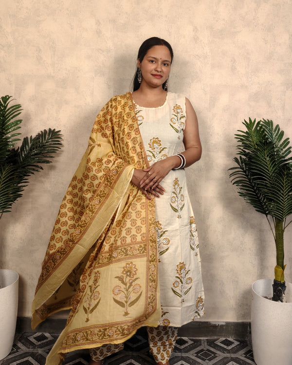 Cream & Mustard Block Print Embroidered Cotton Kurta Pant Dupatta Set