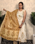 Cream & Mustard Block Print Embroidered Cotton Kurta Pant Dupatta Set
