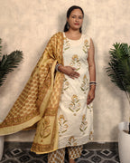 Cream & Mustard Block Print Embroidered Cotton Kurta Pant Dupatta Set