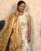 Cream & Mustard Block Print Embroidered Cotton Kurta Pant Dupatta Set