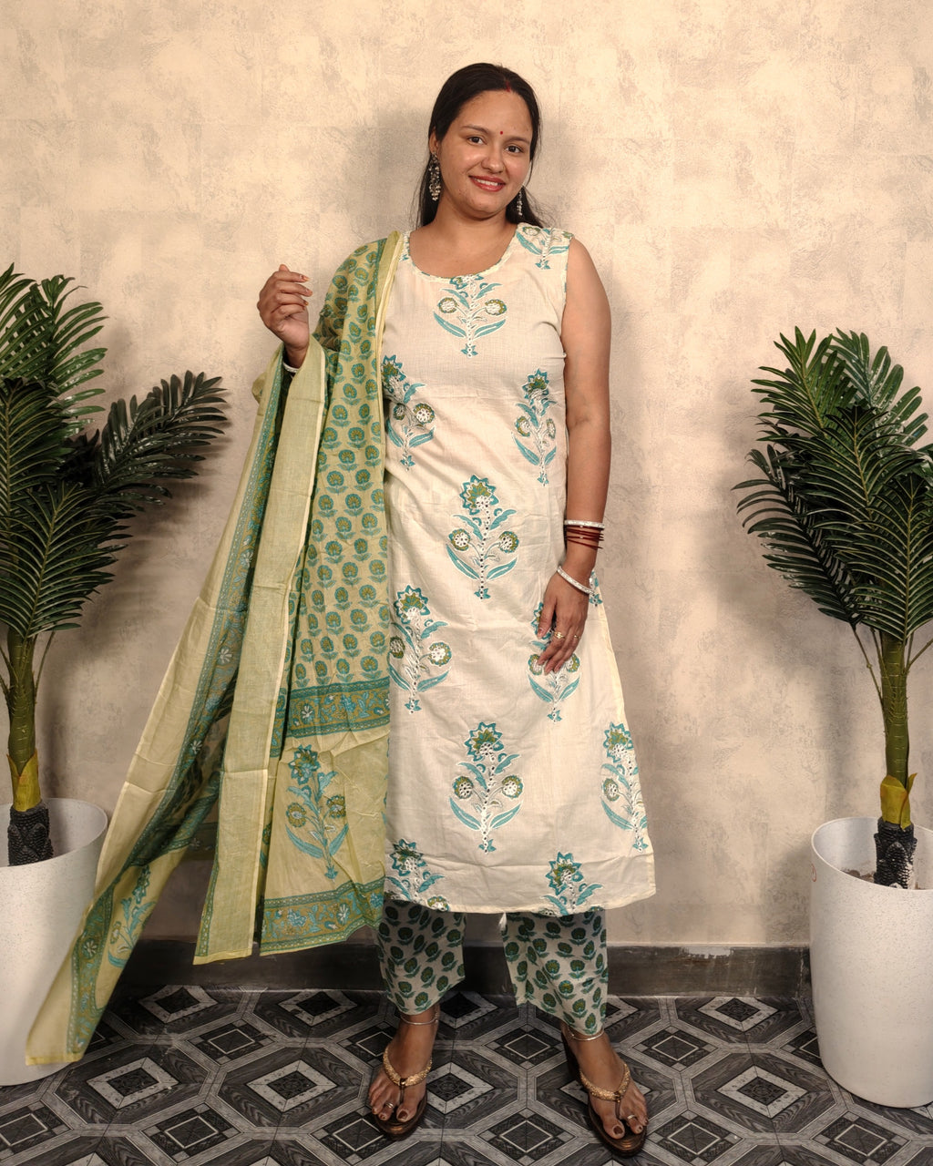 Cream & Teal Block Print Embroidered Kurta Pant Dupatta Set