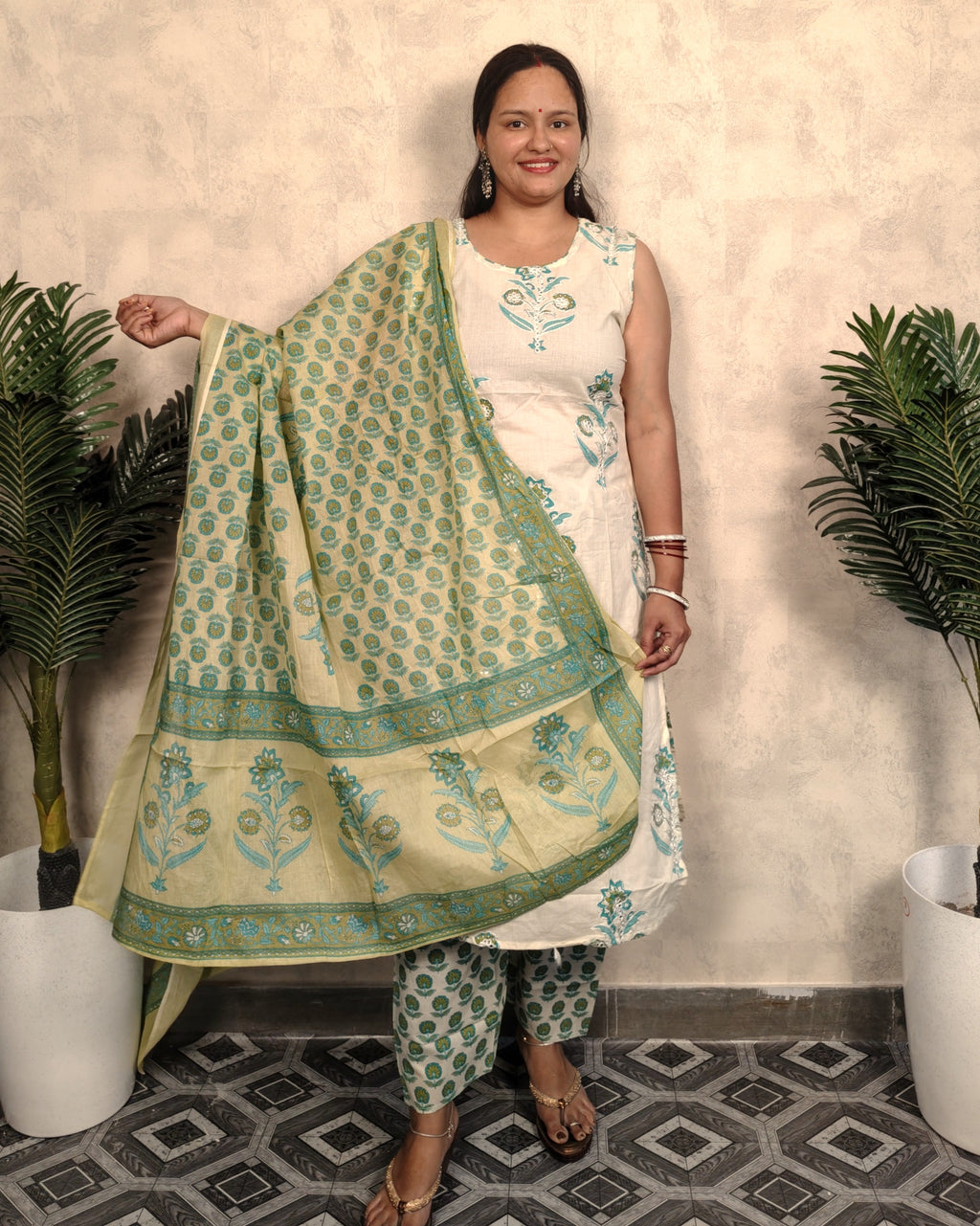 Cream & Teal Block Print Embroidered Kurta Pant Dupatta Set
