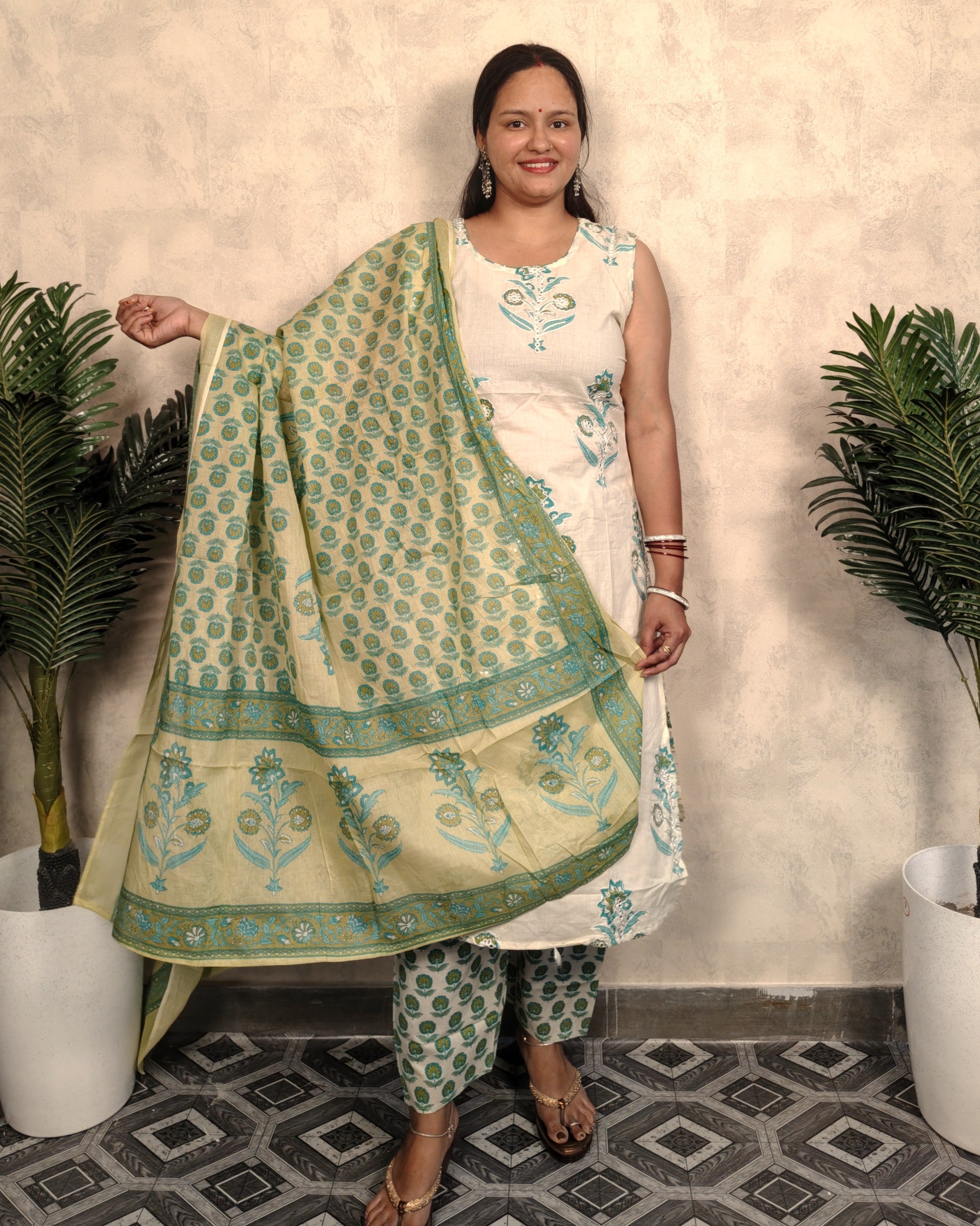 Cream & Teal Block Print Embroidered Kurta Pant Dupatta Set