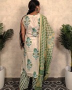 Cream & Teal Block Print Embroidered Kurta Pant Dupatta Set