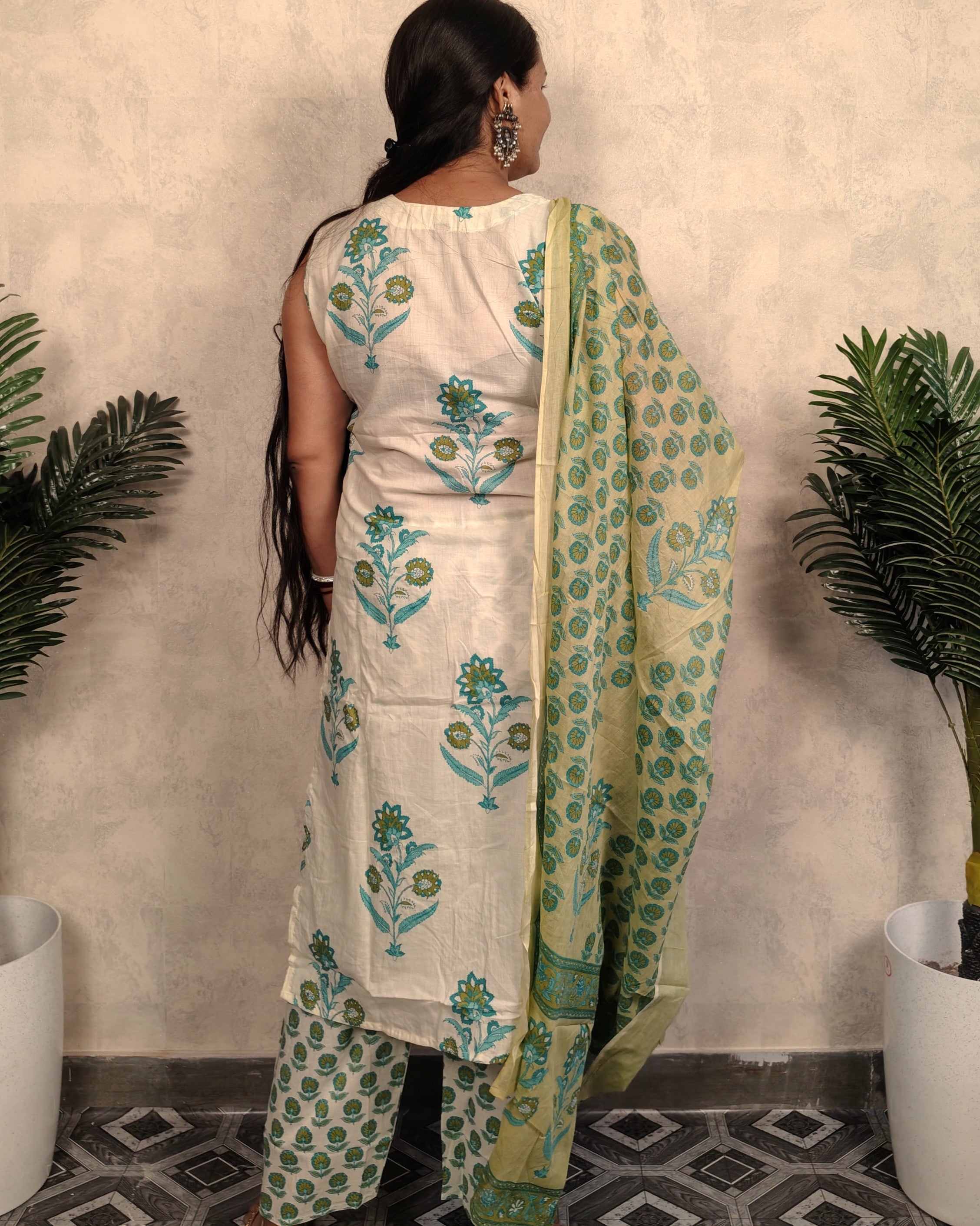 Cream & Teal Block Print Embroidered Kurta Pant Dupatta Set