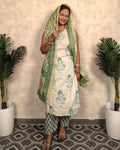 Cream & Teal Block Print Embroidered Kurta Pant Dupatta Set