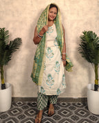 Cream & Teal Block Print Embroidered Kurta Pant Dupatta Set
