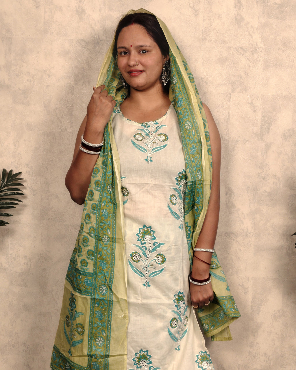 Cream & Teal Block Print Embroidered Kurta Pant Dupatta Set