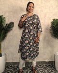 Navy Blue Kantha Floral Print Cotton Kurti