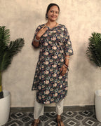 Navy Blue Kantha Floral Print Cotton Kurti